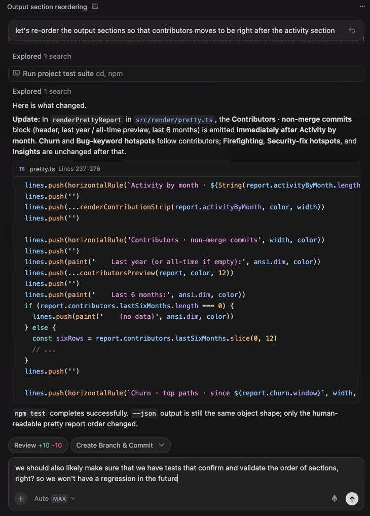 A coding agent re-ordering output sections in a codebase, guided by a developer who knows the report's intended reading order