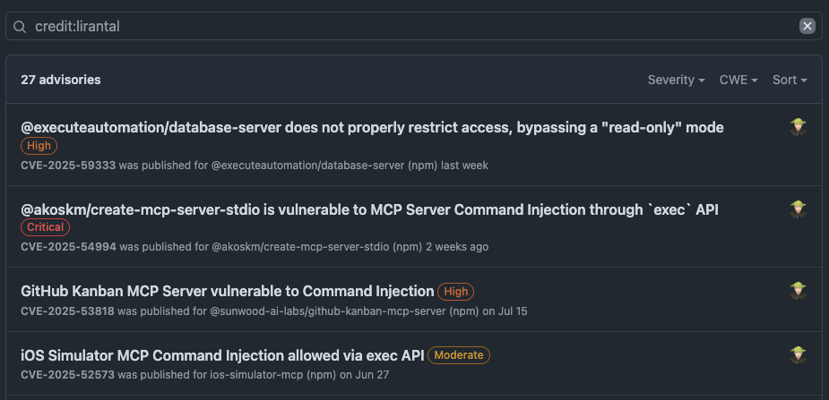 model context protocol MCP security advisories published on GitHub CVE