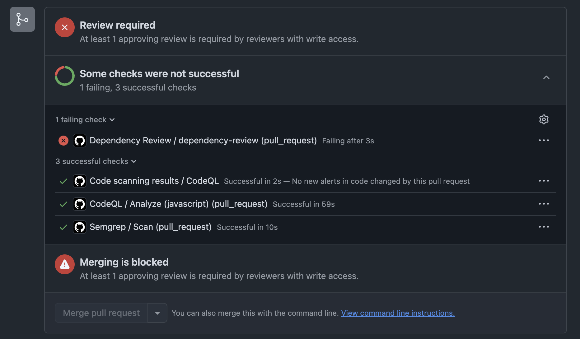 repository security hardening prevents from merging pull requests without reviews