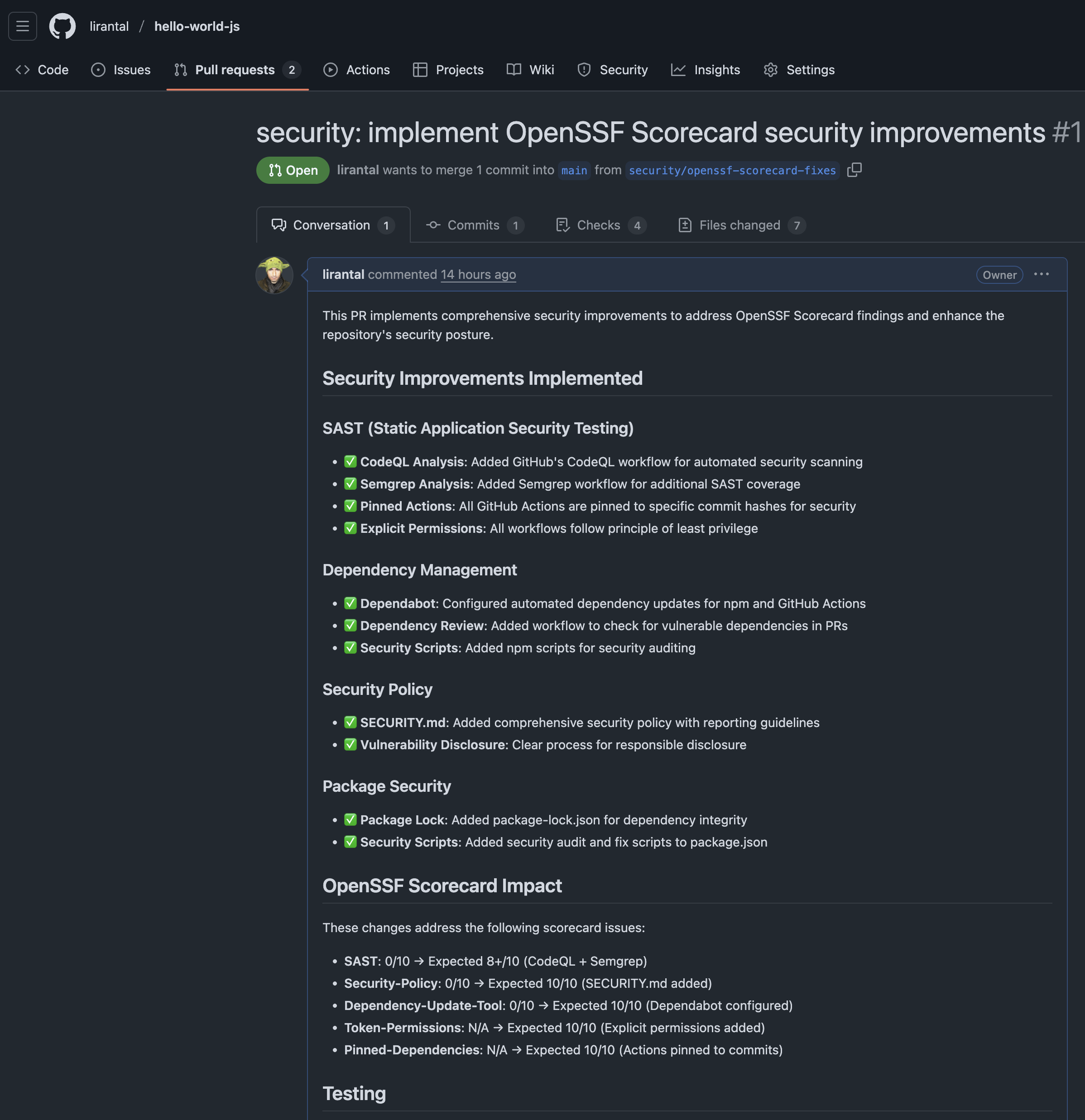 pull request summary for openssf scorecard fixer summarized by qodo command