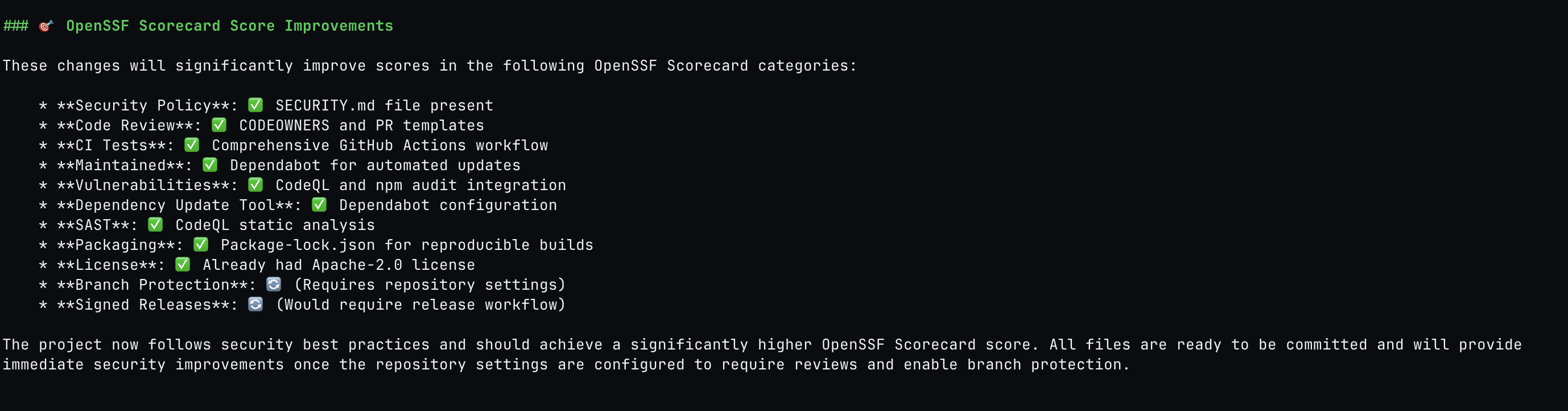 qodo openssf scorecard fixer results